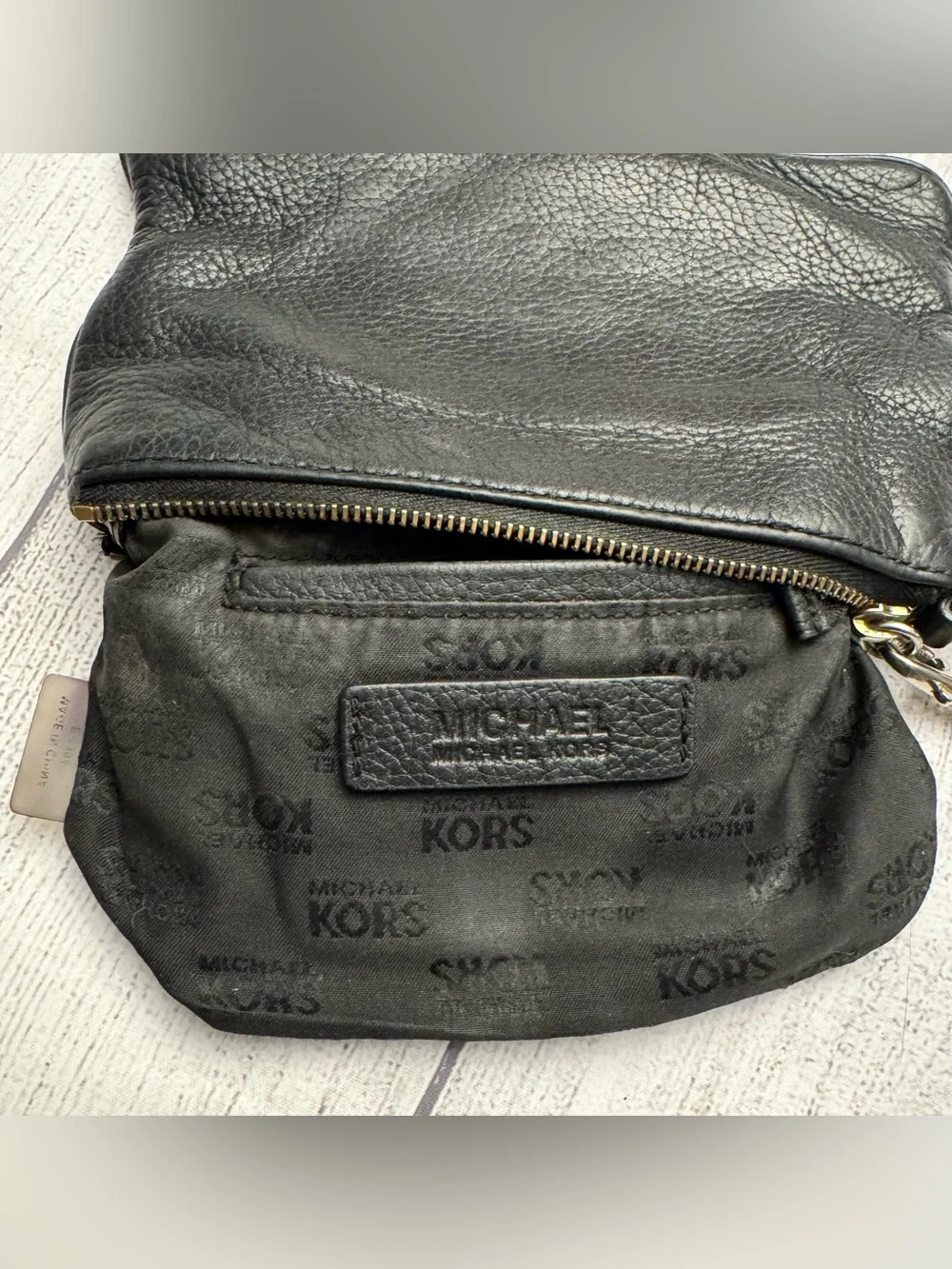 Michael Kors Black Leather Wristlet Clutch Gold Logo Small Purse